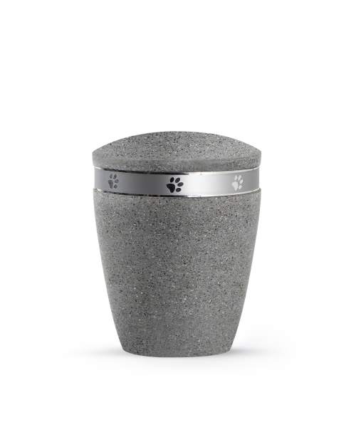 Horus Animal Urn Edition – Timeless stone look in concrete grey with silver paw print band, various sizes